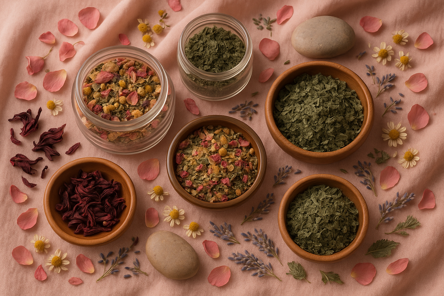 generate an image of organic loose leaf teas that embody femininity and grounding